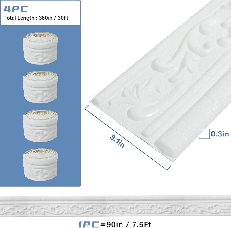 WAPANE 360" x 3.1" Peel Stick Foam Molding Trim Self Adhesive, Crown Molding Wallpaper Border Flexible, 3D Wall Edging Lines Foam Baseboard, Wall Trim for Home, White, 4PC - Image 2